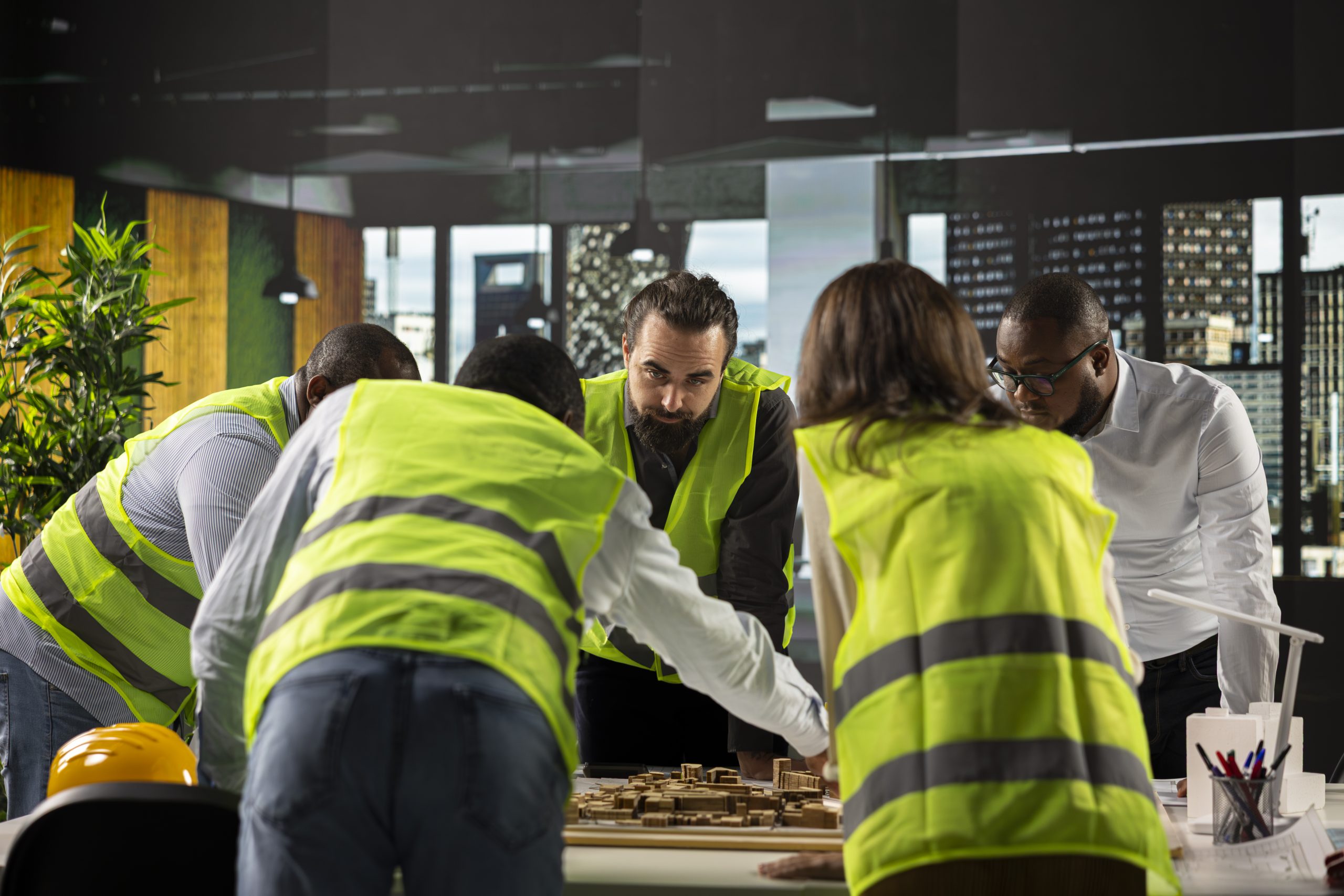 Colleagues in real estate and architecture working together on project design and development. The diverse staff focuses on innovation, urban planning, and sustainable property investment.